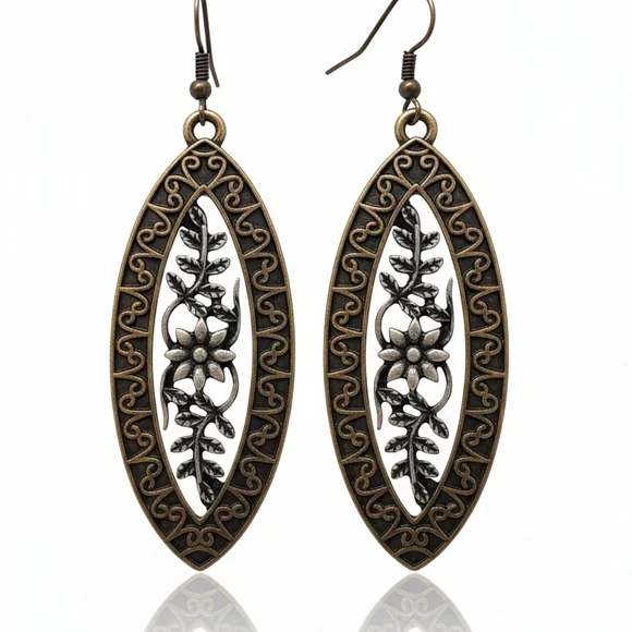 Elegant Black and Gold Floral Earrings - Picture 3 of 4